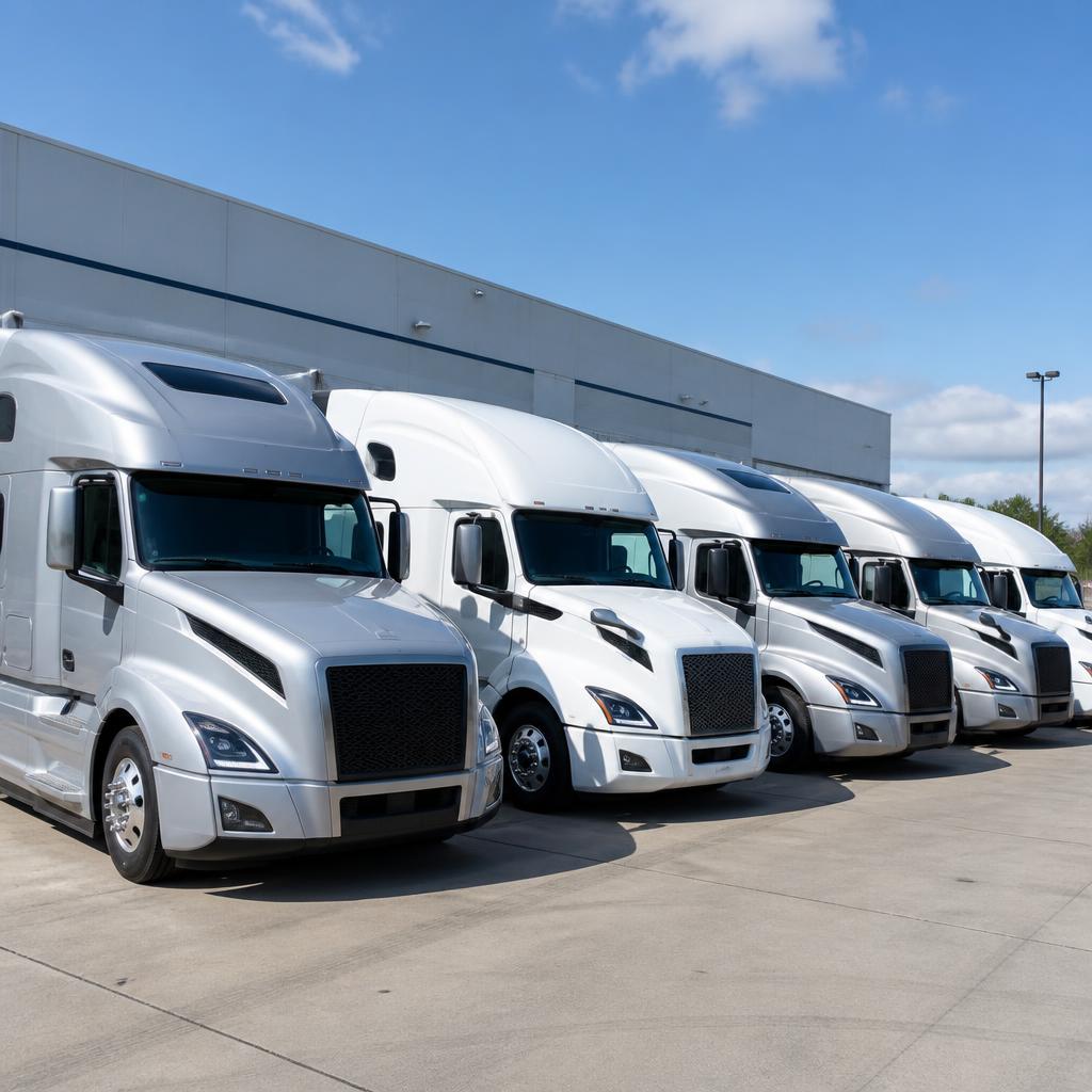 Row of modern semi-trucks parked at Phoenix Expedite terminal